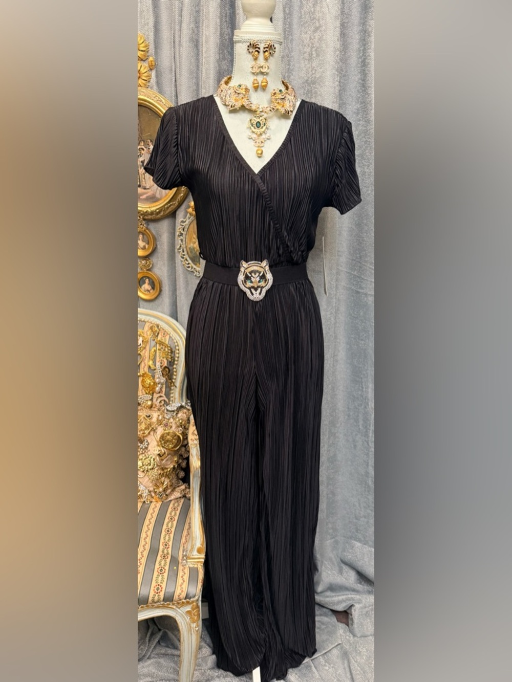 Classic Black Pleated Jumpsuit with Belt